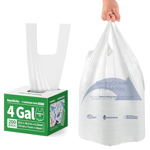 Small Trash Bags with Handles - Ocean Plastic Upcycling - Plastic Garbage Bags, Can Bin & Waste Basket Liner for Kitchen, Bathroom, Office and Pets,4 Gallon 200 Count White - color: 4Gal White, size: 1 DISPENSER BOX
