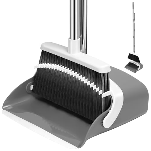 NACENA Broom and Dustpan Set, 52-in Long Adjustable Handle Broom Dustpan Combo with Dustpan Teeth to Automatically Clean Hair Suitable for Home Kitchen Office Hall Floor(Grey&White) - color: Grey-white, size: 1 Pack