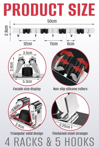 The Good Stuff Heavy Duty Mop and Broom Holder Wall Mount – Stainless Steel 5-Rack Organizer with 4 Hooks – Space Saving, Rust-Resistant Utility Rack for Garage, Kitchen, Laundry or Garden Tools - size: Standard