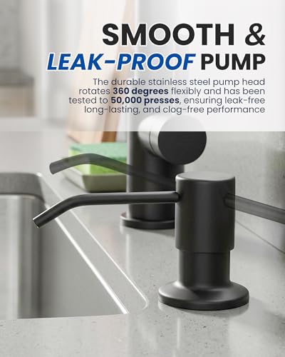 Built in Kitchen Sink Soap Dispenser: Stainless Steel Pump Head with 17 Ounce Large Soap Bottle, Easy Top Refill Design – No Bending Down for Countertop, Matte Black - color: Matte Black
