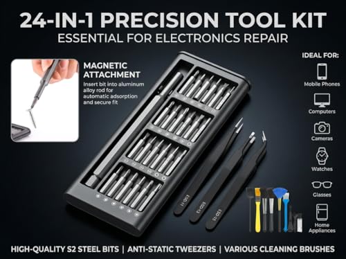 Professional Small Precision Screwdriver Set, 39 Pieces, with Anti-Static tweezers, keyboard brush cleaner kit, Magnetic Electronics Repair Kit for Phone, Computer, Watch, Glasses.