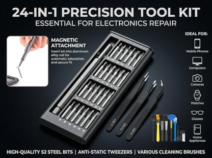 Professional Small Precision Screwdriver Set, 39 Pieces, with Anti-Static tweezers, keyboard brush cleaner kit, Magnetic Electronics Repair Kit for Phone, Computer, Watch, Glasses.