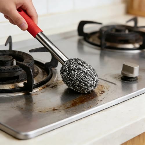 2PCS Steel Wool Scrubber with Handle Rustproof, Cast Iron Scrubber, Stubborn Messes Pot Brush, Remove Dirt for Cleaning Stoves,Sinks Dishes Grills Bowls & Metal Wire Sponge for Kitchens - color: Red