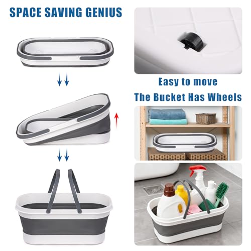 Flat Mop and Bucket Set with Floor Squeegee, Heavy Duty Scrub Brush, 2 Washable Reusable Microfiber Pads, for Tile Hardwood, Wall Cleaning, Home Indoor or Outdoor Cleaning (White-Gray) - size: 9Pcs