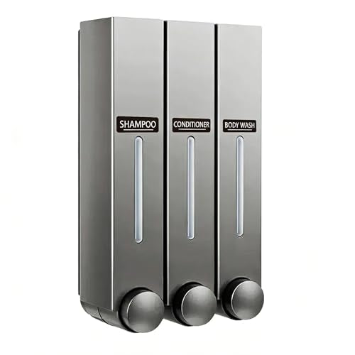 Shower Shampoo Dispenser 3 Chamber-Wall-Mounted Soap Dispenser for Bathroom,No-Drill Installation,42.6 oz Capacity,Shampoo Conditioner Body Wash Dispenser,Wall Mount Soap Dispenser for Shower - color: Grey-b, size: Large