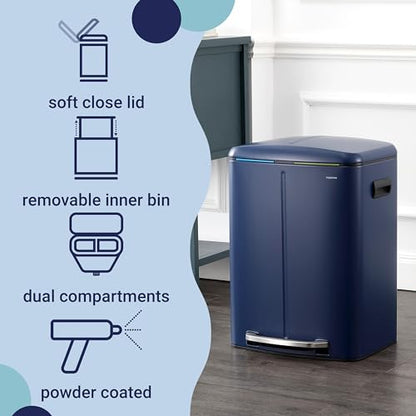 happimess HPM1005J Marco Rectangular 10.6-Gallon Double Bucket Trash Can with Soft-Close Lid, Denim Blue, Fingerprint Resistant, Modern, Minimalistic for Home, Kitchen, Office, Bedroom, Bathroom - color: Denim Blue