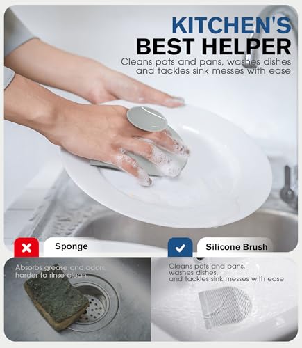 2 Pack Silicone Sink Cleaning Brush with Squeegee, Flexible Non-Scratch Dish Scrubber for Kitchen and Bathroom Sink, Countertop & Dishwashing, Suction Cup Hanging Design (Gray) - color: Gray