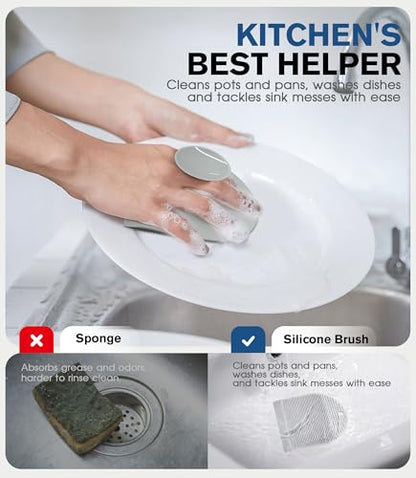 2 Pack Silicone Sink Cleaning Brush with Squeegee, Flexible Non-Scratch Dish Scrubber for Kitchen and Bathroom Sink, Countertop & Dishwashing, Suction Cup Hanging Design (Gray) - color: Gray
