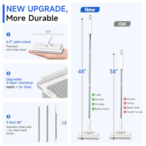 48" Mini Swifter Mop – Hands-Free Quick-Clamp Lazy Mop, with 5 Reusable Cloths, Small Head for Spot Cleanups – Easy Sweeping Floor Dust, Pet Hair, Best Complementary Tool - size: 48in Long Handle Mini Mop with 5 Reusable Cloths