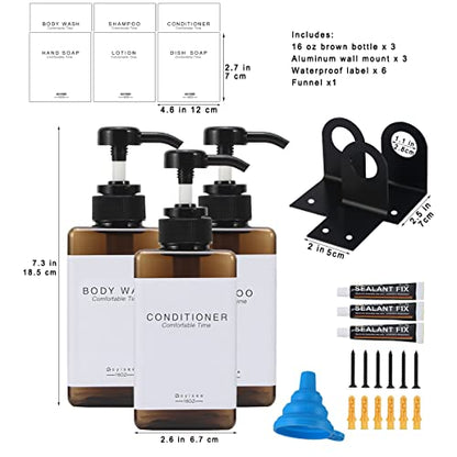 Shampoo and Conditioner Dispenser for Shower Wall 3 Chamber - Drill Free Square Shower Soap Dispenser Wall Mount with Waterproof Labels (3 Bottles 3 Wall Mounts-Amber) - color: 3 Bottles 3 Wall Mounts-amber