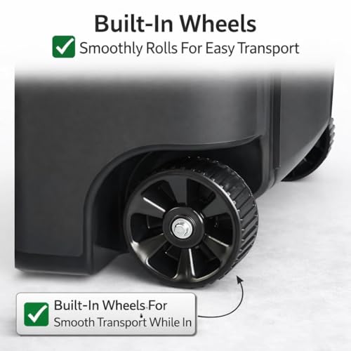 45 Gallon Wheeled Black Plastic Garbage Bin with Lid for Outdoor Use | Built-in rolling wheels enable easy moving around your patio, deck and garage with little effort