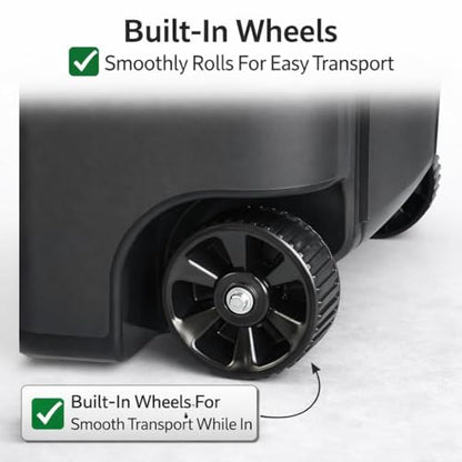 45 Gallon Wheeled Black Plastic Garbage Bin with Lid for Outdoor Use | Built-in rolling wheels enable easy moving around your patio, deck and garage with little effort
