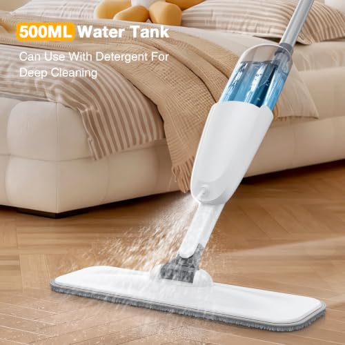 Spray Mop for Floor Cleaning, 500ml Water Tank, 3 Washable Reusable Pads, 360° Rotation Head, Wet Dry Spray Mop for Tile, Hardwood, Laminate, Vinyl & Marble Floor (Clean White)