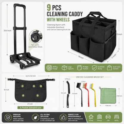 Cleaning Tools Cleaning Caddy with Wheels and Cleaning Apron, Large Rolling Cleaning Caddy Bag with Detachable Trolley, 6PCS Crevice Cleaning Brush Set, Adjustable Shoulder Strap & Multiple Pockets