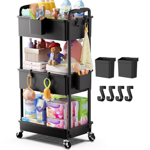 Goovilla Diaper Cart with Lockable Wheels and Easy Assembly, 3 Tier Black Rolling Cart for Baby Nursery Storage, Sturdy Ample Diaper Caddy Organizer for Baby Girl, Boy, New Mom, Newborn Essentials - color: Black