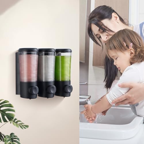 Shampoo and Conditioner Dispenser No Drill Shower Soap Dispenser Wall Mounted Shower Dispenser 3 Chamber with Upgrade Smooth Pump Head Bathroom Body Wash Soap Dispenser Set 450ml*3 Black - color: Black 3 Chamber