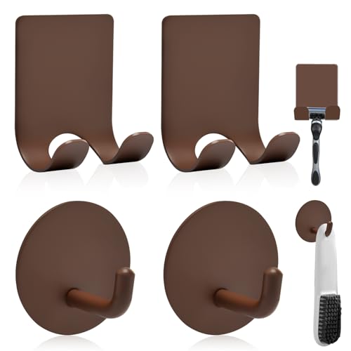Diesisa Razor Holder for Shower + Adhesive Wall Hooks, Premium 304 Stainless Steel Shower Razor Holder with Heavy Duty Waterproof Sticky Hooks for Hanging Towels, Coat, hat (2+2 Pack)-Brown - color: Brown-4pcs
