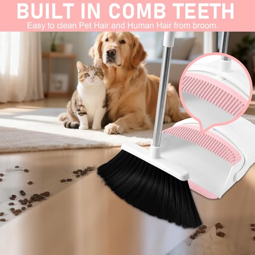 Broom with Dustpan Combo Set for Home, 52-in Long Adjustable Handle Angle Broom and Dustpan Set with Dustpan Comb Teeth for Sweeping Pet Hair Food Dirt Kitchen (White-Pink) - color: White-pink