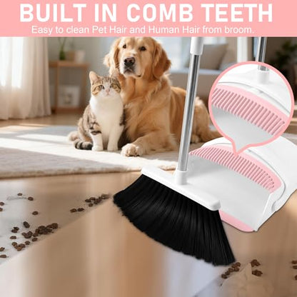 Broom with Dustpan Combo Set for Home, 52-in Long Adjustable Handle Angle Broom and Dustpan Set with Dustpan Comb Teeth for Sweeping Pet Hair Food Dirt Kitchen (White-Pink) - color: White-pink