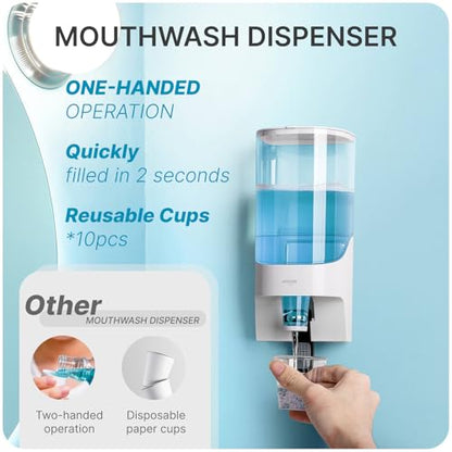 Umimile Mouthwash Dispenser for Bathroom, Plastic Mouthwash Dispenser Wall Mounted, 30.4oz(900ml) Mouthwash Container with 10Pcs Reusable Cups,White
