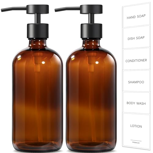 GMISUN Amber Glass Soap Dispenser, 2 Pack Bathroom Hand Soap Dispensers with Stainless Steel Flat Pump, 17 Fl Oz Kitchen Dish Soap Dispenser, Modern Vintage Liquid Brown Soap Dispensers Bottle Set - color: Amber Bottle + Black Flat Pump, size: 2 Pack