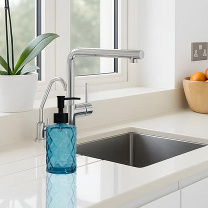 12Oz Small Glass Soap Dispenser with Black Plastic Pump, Blue Refillable Kitchen Countertop Liquid Hand Soap Dispensers with Diamond Design, Crystal Bathroom Lotion Bottle for Dispense Dish Soap - color: Blue Diamond