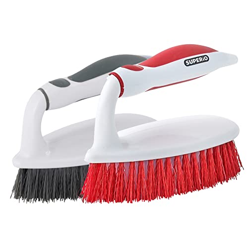Superio Cleaning Scrub Brush with Stiff Bristles and Comfort Grip Handle, Red and Grey 2 Pack Heavy-Duty Household Utility Scrubber for Kitchen, Bathroom, Shower, Sink, Toilet