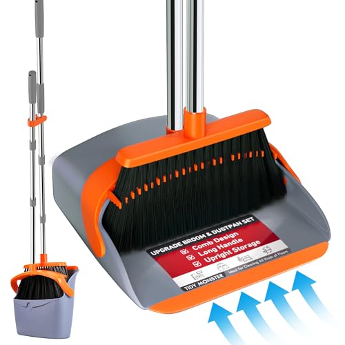 Upgraded Broom and Dustpan Set, 52" Long Handle Standing Combo with Self-Cleaning Teeth – Perfect for Pet Hair, Kitchen, Office, Home, Indoor & Outdoor Cleaning(Orange & Gray) - color: Orange & Gray