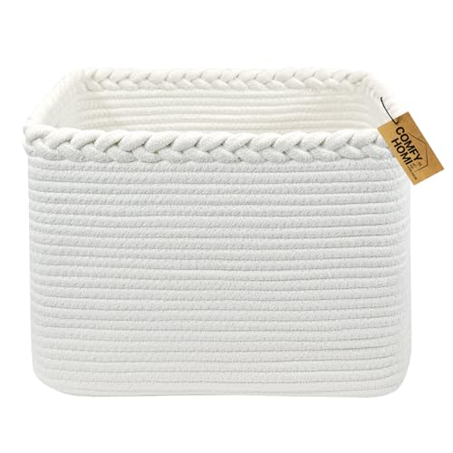 COMFY-HOMI Cotton Rope Woven Basket with Handles for Shelves,Toys,Book, Cloth Storage Baskets Bin for Organizing- 1 PCSToy Decorative Organizer for Living Room, Bathroom - color: White, size: 13.5"X11"X9.5"