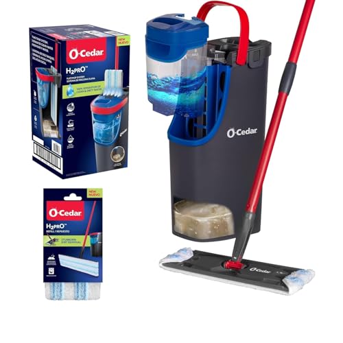 O-Cedar H2prO Flat Mop System with 1 Mop Head Refill | Quick Cleaning Tool | Clean with Clean Water | Machine Washable Reusable Microfiber Mop Pad | Safe on Wood Floors, Vinyl, Tile, Baseboards, Walls - size: H2prO + 1 Refill