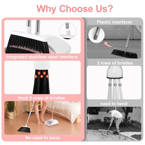 Broom with Dustpan Combo Set for Home, 52-in Long Adjustable Handle Angle Broom and Dustpan Set with Dustpan Comb Teeth for Sweeping Pet Hair Food Dirt Kitchen (White-Pink) - color: White-pink