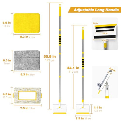 JEHONN Baseboard Cleaner Tool with Handle, 56 inches Base Boards Cleaning Mop Scrubber, 1 Stiff Bristles Brush, 2 Chenille and 2 Microfiber Pads, Wall Duster for Floorboard Ceiling Window (Yellow) - color: Yellow