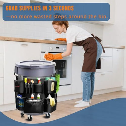 Trash Can Caddy Bag for 32-55 Gallon Garbage Bin, Hongmed Caddy for Commercial Cleaning Supplies, Multi-Pocket Utility Apron with Adjustable Straps, Heavy-Duty Nylon Organizer for Janitorial Duties