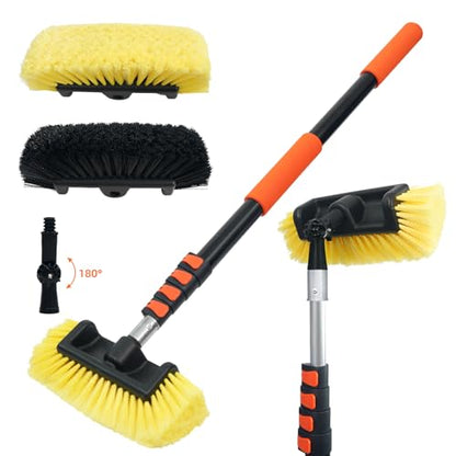 12FT Car Wash Brush with Long Handle, Car Cleaning Brush with 12" Soft Bristle and 12" Hard Bristle, 3-12Ft Telescopic Pole for Scratch-Free Cleaning Truck,RV, Boats,House Siding,Floors,Solar Panels - color: 12ft-orange