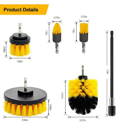 6Pcs Drill Brush Attachment Set, Power Scrubber Cleaning Kit with Extended Reach Attachment, Medium Stiffness Nylon Bristles for Bathroom Grout, Tile, Tub, Shower, Kitchen, Car, Universal Fit