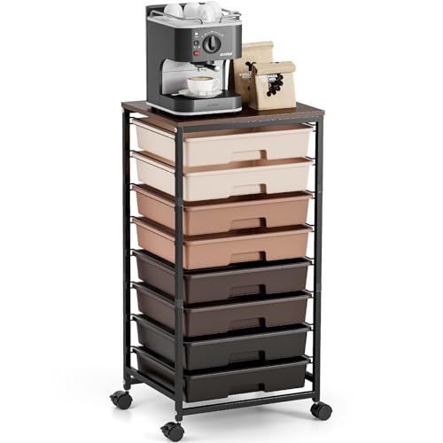 TOOLF Rolling Carts with Wheels, 8-Drawer Utility Cart, Wooden Tabletop Storage Cart for Office, Arts & Crafts, Classroom, Bedroom, Brown - color: Brown