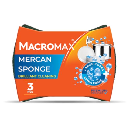 Macromax Coral Sponge – Ergonomic Heavy Duty Scrub Sponge for Kitchen – Large Pores for Extra Foam – Non-Scratch Dish Scrubber for Pots, Pans & Grills, 3-Pieces