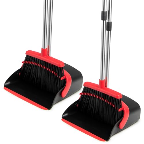 Broom and Dustpan Set with Long Handle, Heavy Dust Broom and Dustpan Combo for Home，Kitchen, Office, Pet Hair 2PCS (Black Red) - color: Red Black 2-pack