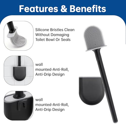 RV Essentials, RV Toilet Brush Black– Camper Must Have Silicone Toilet Brush for Travel Trailer, Wall Mounted Toilet Brush-Anti-Roll, Anti-Drip Design, Camper Must Haves
