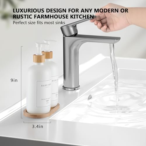 White Glass Soap Dispenser - Hand Dish Soap Dispenser Set for Kitchen, Bathroom with Sturdy Pump and Tray, 14 Waterproof Labels,Refillable Soap Lotion Dispenser-White - color: White Bottle + 14 Labels + Funnel + Tray