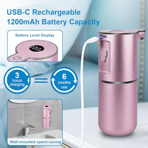 OHIFAST Automatic Foaming Soap Dispenser Touchless, USB Rechargeable Smart Hand Soap Dispenser, 6-Level Adjustable, 12.8oz/380mL Wall Mounted for Bathroom Kitchen Dish Soap-Rose Gold - color: Rose Gold, style: Foam