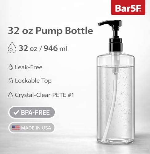 Bar5F Pump Bottle 32-Ounce 1-Liter Empty for Shampoo Conditioner Body Wash Lotion BPA-Free Crystal-Clear (Pack of 1)