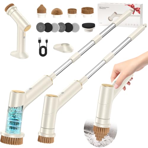 Electric Spin Scrubber, 2600mAh Battery with Extra-Long Runtime, 10 Brush Heads, IPX7 Waterproof Power Shower Scrubber with Long Handle, 2 Speeds Cordless Cleaning Brush for Bathroom Bathtub - color: White Gold