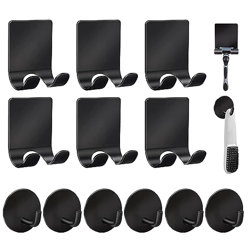 Diesisa Razor Holder 304 Stainless Steel for Shower + Adhesive Sticky Heavy Duty Waterproof Wall Hooks, Premium for Hanging Towels, Coat, hat (6+6 Pack) - Black - color: Black-12pcs