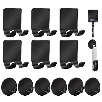 Diesisa Razor Holder 304 Stainless Steel for Shower + Adhesive Sticky Heavy Duty Waterproof Wall Hooks, Premium for Hanging Towels, Coat, hat (6+6 Pack) - Black - color: Black-12pcs