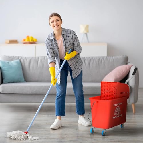 21 Quart Mop Bucket with Wringer on Wheels, Dual Water Cleaning Bucket with Separate Dirty and Clean Water, Rolling Commercial Floor Cleaning System (Red) - color: Red