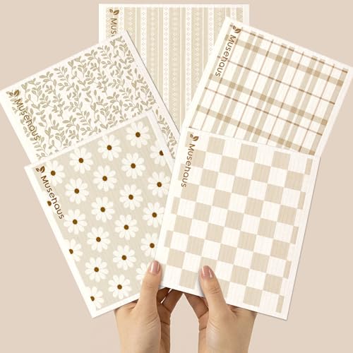 5 Pack Swedish Dishcloths - Reusable Dish Cloths for Kitchen 5 PCS Non-Scratch Absorbent Compostable Neutral Floral Patterned Swedish Sponge Cloths for Cleaning, Beige Plaid - color: Beige Plaid