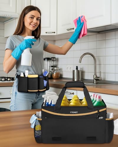 Ytonet Cleaning Caddy Bag with Detachable Apron, Extra Large Cleaning Supplies Organizer with Foldable Dividers, Portable Cleaner Tote with Handle, Cleaner Caddy for Housekeeper, Detailing Bag, Black - color: Black