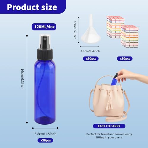 36 Pack Blue Small Spray Bottles 4 oz/120 ml Plastic Spray Bottles, Fine Mist Empty Small Travel Spray Bottle, Refillable Mini Sprayer Empty Bottle Bulk with 10 Funnels and 10 Labels - color: Blue