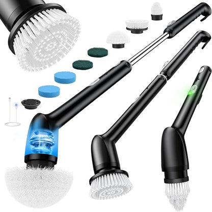 LyriFine Electric Spin Scrubber, New Full-Body IPX7 Waterproof Bathroom Cleaner Brush, Shower Scrubber with Long Handle & 2 Speed, Heads Replacement, Cleaning Supplies for Tub Shower Tile Floor - color: Dark Black